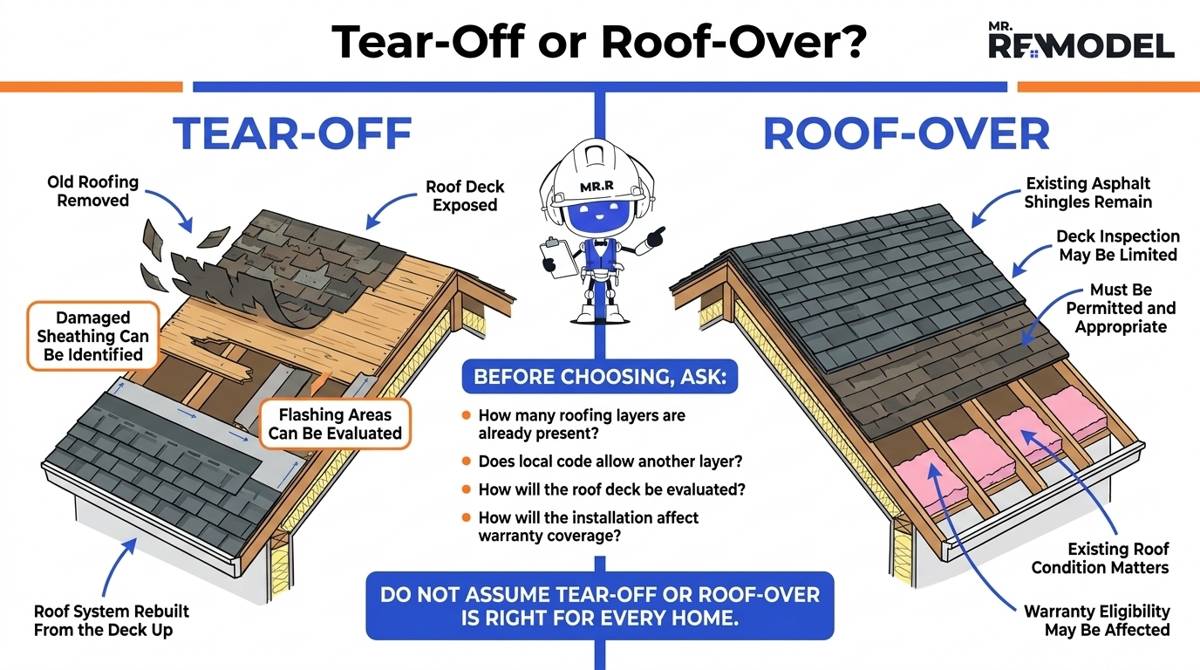Side-by-side comparison of tear-off roof replacement and roof-over installation, showing how tear-off exposes the roof deck for inspection while roof-over leaves the existing shingles underneath.